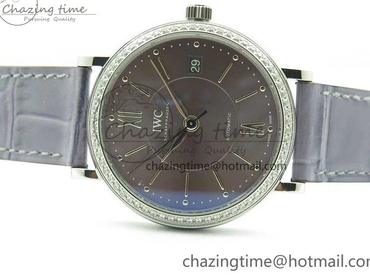 MIROTIME 0227 Attractive Portofino 37mm SS V7F 1:1 Best Edition Gray Dial Diamonds Bezel on Gray Leather Strap A 7091